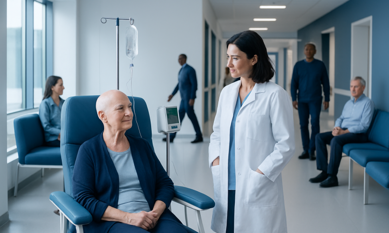 Patient and doctor in hospital corridor with other patients in background.
