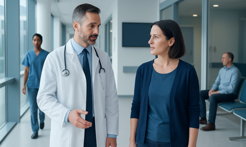 Doctor consulting with a female patient in a hospital corridor.