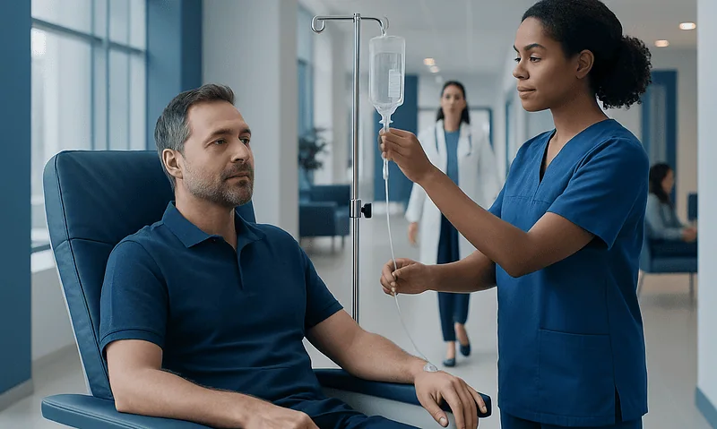 Nurse administering IV therapy to a patient in a hospital setting.