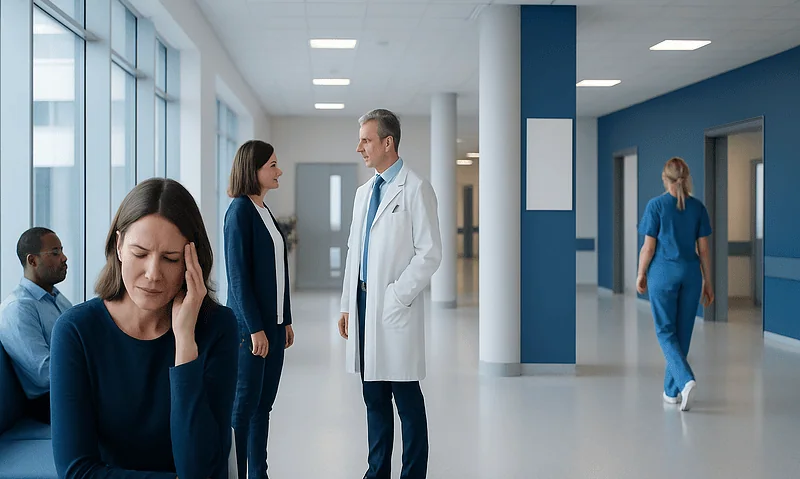 Patient experiencing headache in hospital corridor with medical staff nearby.