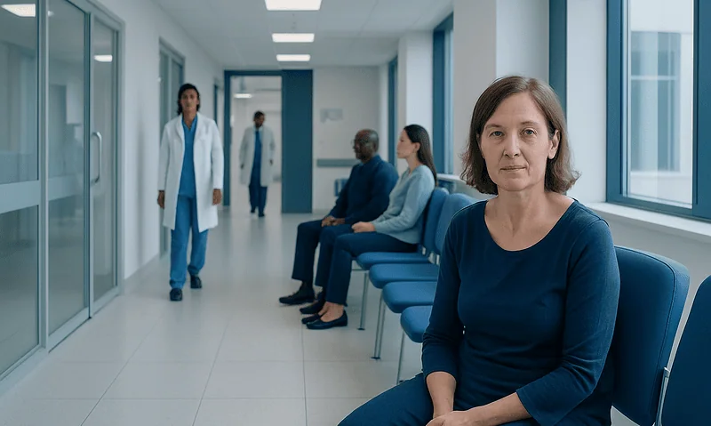 Patients waiting in a hospital corridor with medical staff nearby.