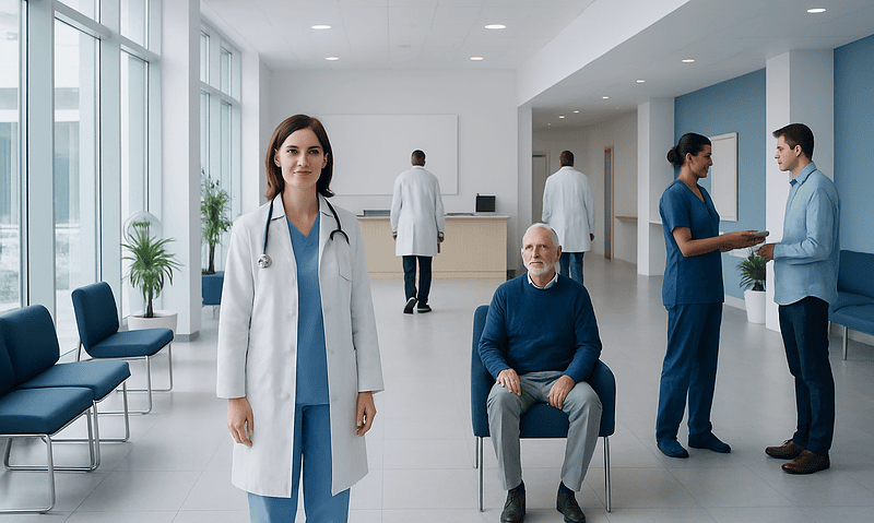 Medical team and patient in a modern hospital waiting area.
