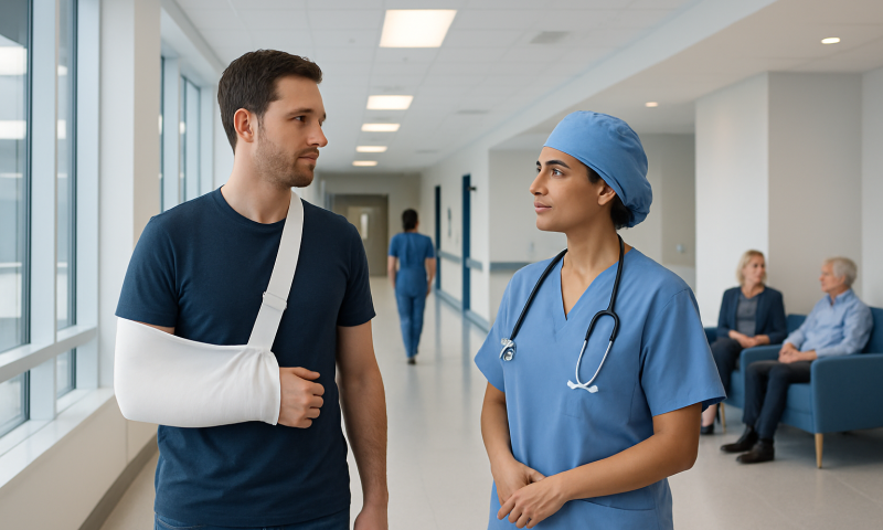 Patient consulting with a nurse in a hospital corridor.