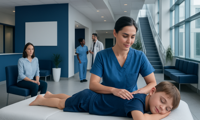 Pediatric massage therapy session at Acibadem Hospital with a young patient and therapist.