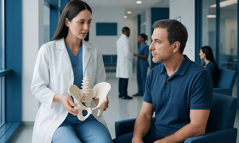 Doctor explaining pelvic anatomy to patient in hospital setting.