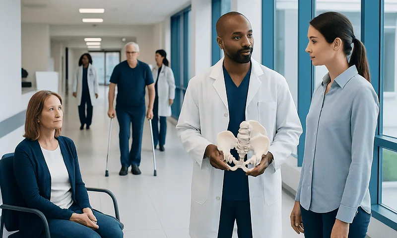 Medical team discussing hip surgery options in hospital corridor.