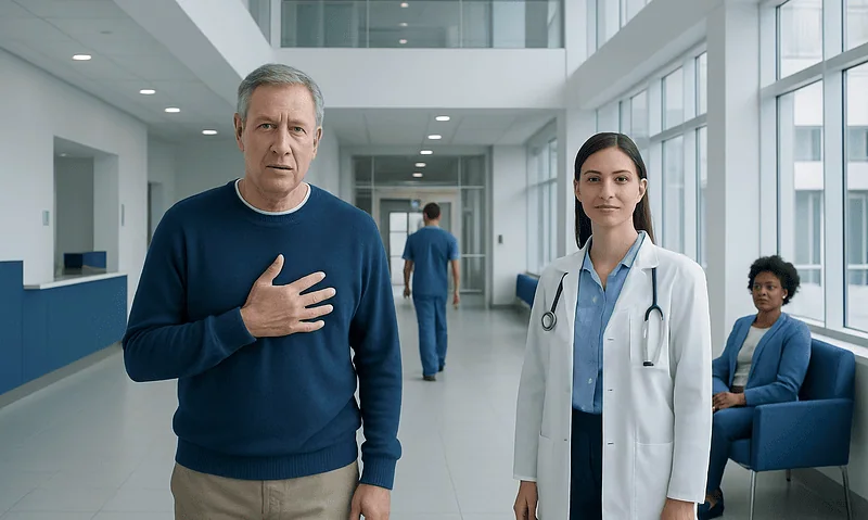 Patient experiencing chest discomfort at a hospital with medical staff nearby.