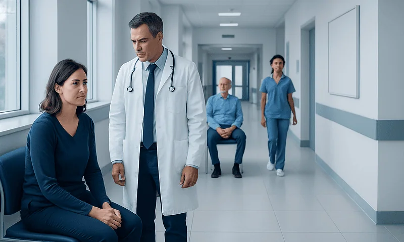 Doctor consulting patient in hospital corridor for peripheral neuropathy evaluation.
