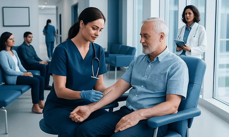 Phlebotomy Therapy: How It Works, Results and What to Expect 3 Nurse drawing blood from a senior male patient in a modern hospital.