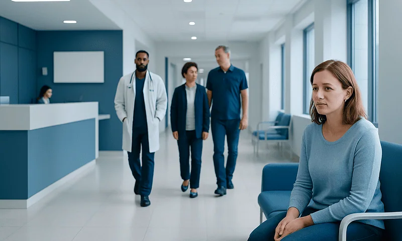 Patient waiting in hospital corridor with medical staff nearby.