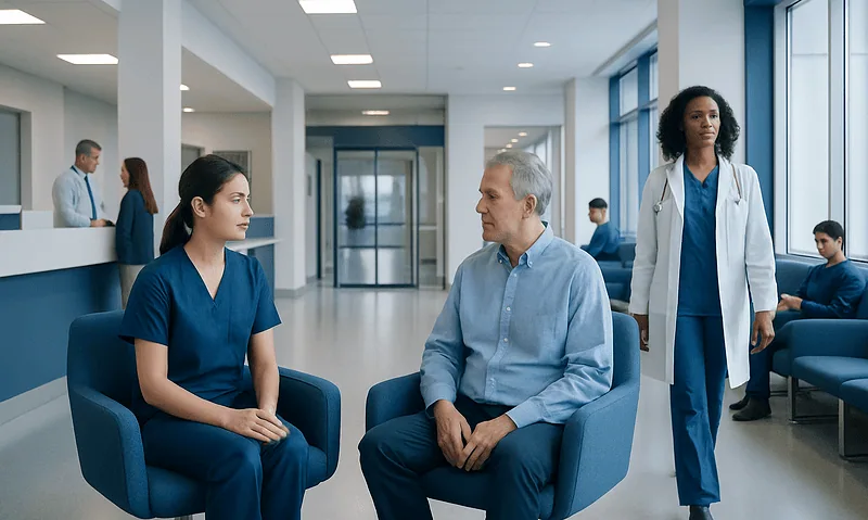 Medical consultation in hospital waiting area with healthcare professionals and patient.