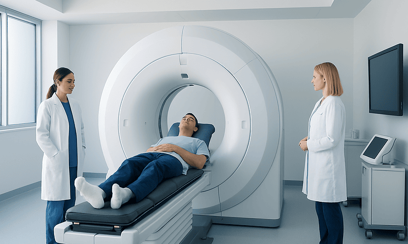 Patient undergoing MRI scan in a modern hospital setting with medical staff present.