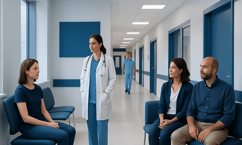 Medical consultation in hospital corridor with patients and doctor.