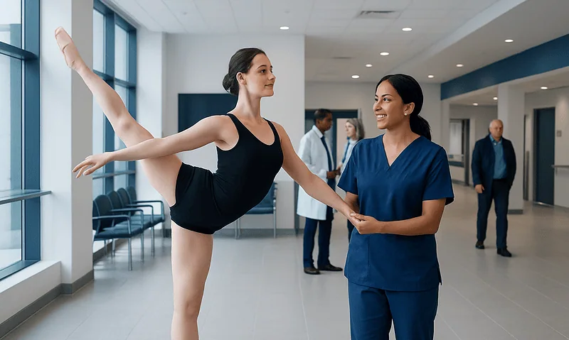 Physical therapy session at Acibadem Hospital with a dancer and healthcare professional.