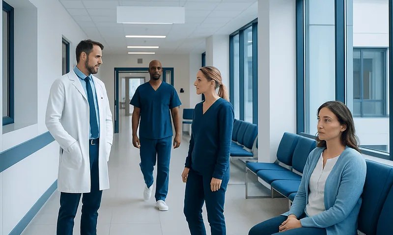 Medical team discussing patient care in hospital corridor.