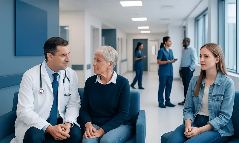 Doctor consulting elderly woman in hospital corridor with staff in background.