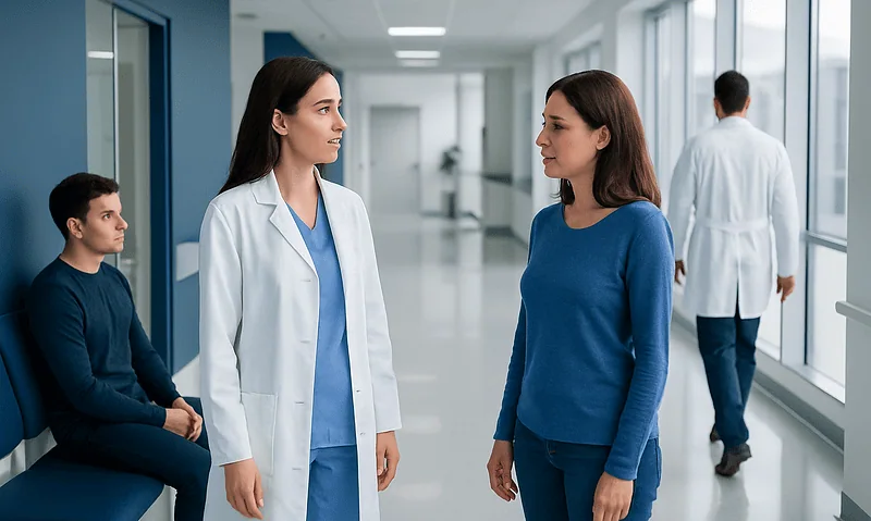 Doctor and patient having a conversation in a hospital corridor.