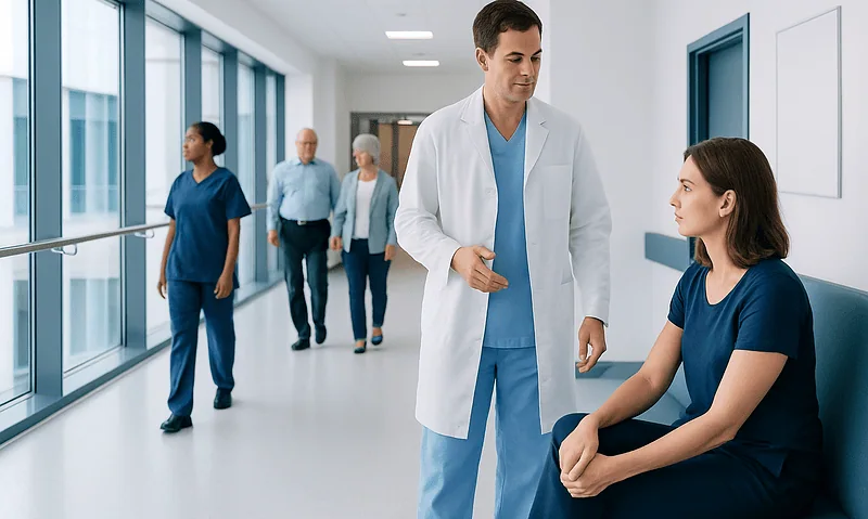 Doctor consulting patient in hospital corridor with medical staff in background.