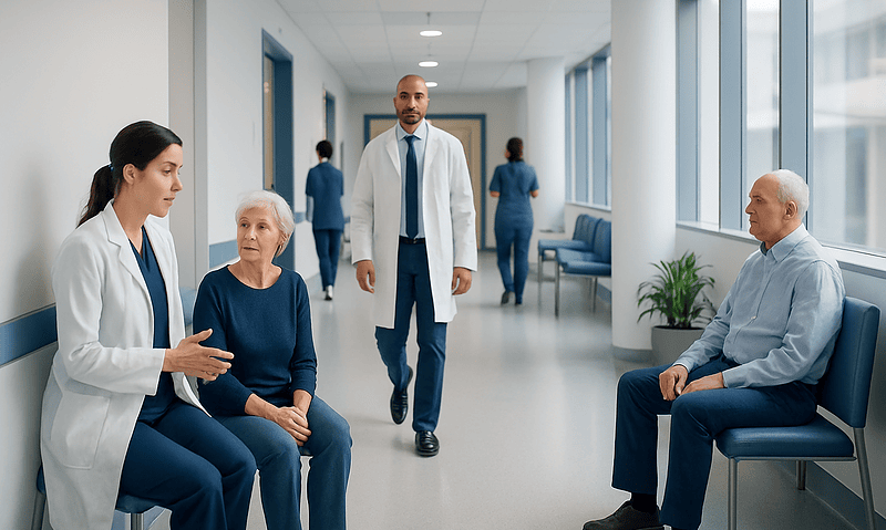Medical consultation with elderly patients at Acibadem Hospital.
