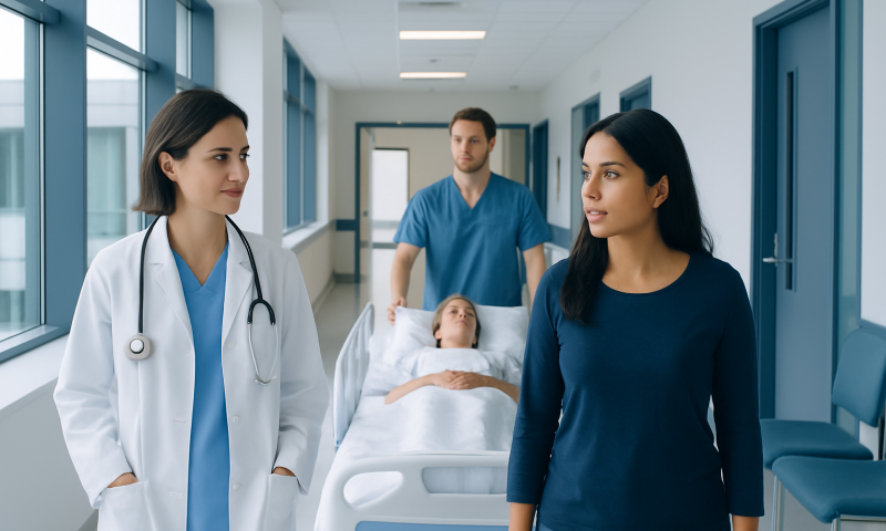 Medical professionals and patient in hospital corridor.