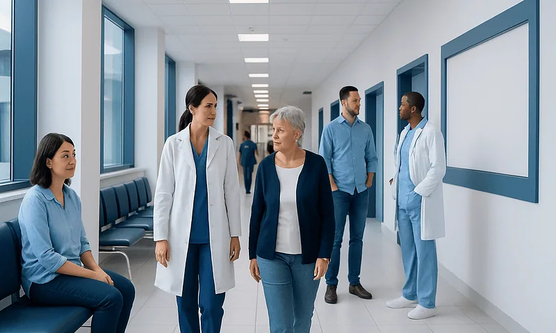 Health Library 17 Medical professionals and patient in hospital corridor at Acibadem Hospitals Group.