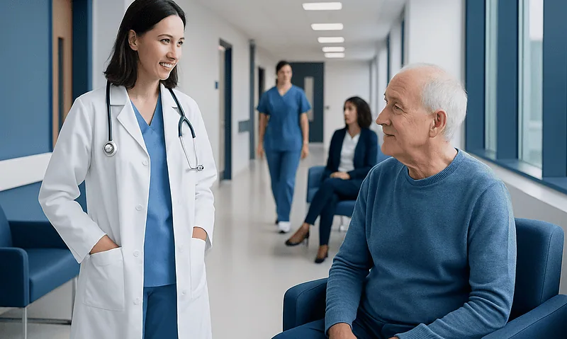 Doctor talking to senior patient in hospital corridor.