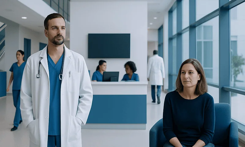 Doctor and patient in a modern hospital lobby with large windows.