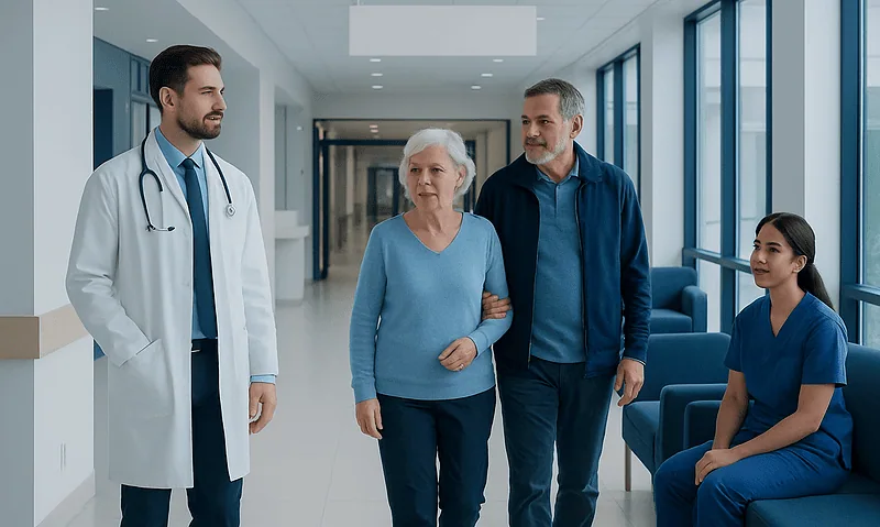 What Is Polyneuropathy? A Doctor-Reviewed Answer 5 Doctor and staff assisting elderly patient in hospital corridor.