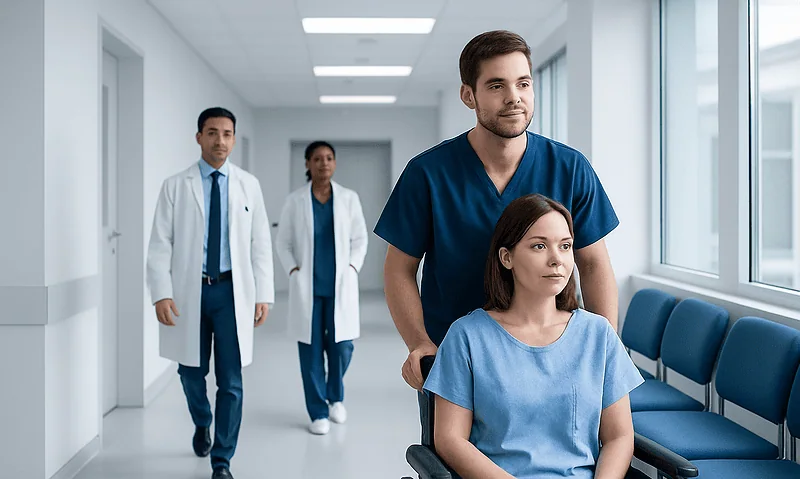 Medical team with patient in hospital corridor at Acibadem Hospitals Group.