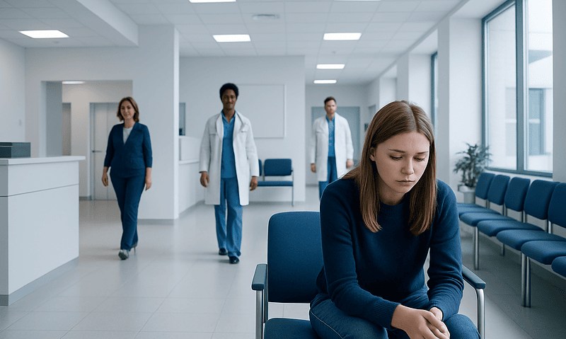 Young woman experiencing emotional distress in a hospital waiting area.