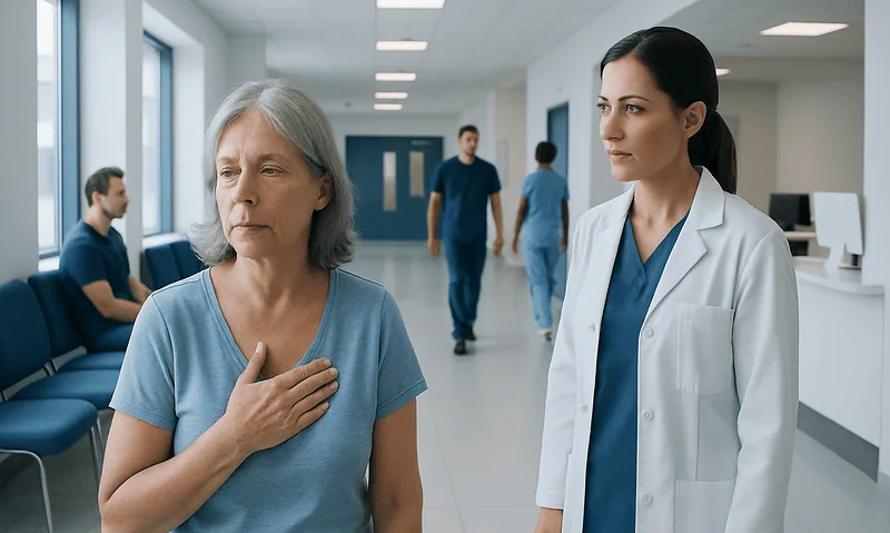 Patient experiencing post-mastectomy pain with healthcare professional in hospital corridor.