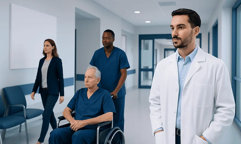 Medical team and patient in hospital corridor, healthcare professionals in discussion.