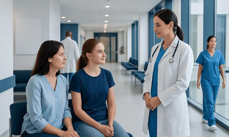 Doctor consulting with two female patients in hospital corridor.