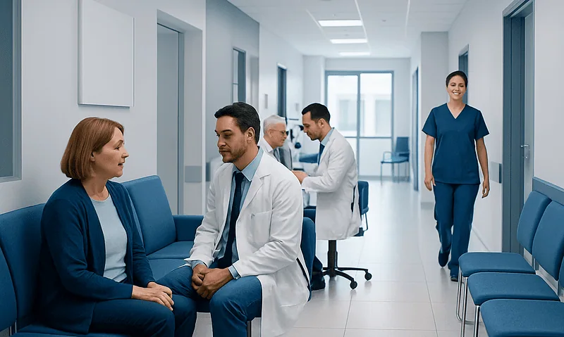Medical consultation in a modern hospital corridor with doctors and patient.