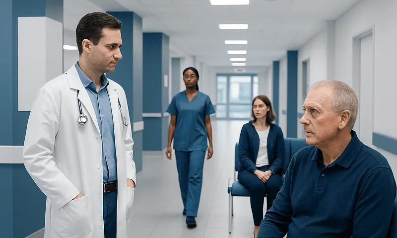 Doctor consulting elderly patient in hospital corridor with medical staff nearby.