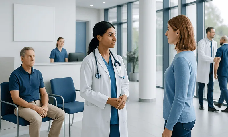 Doctor talking to patient in hospital waiting area with staff in background.