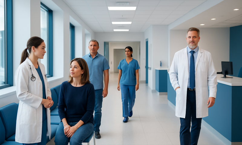 Medical team discussing patient care in a hospital corridor.