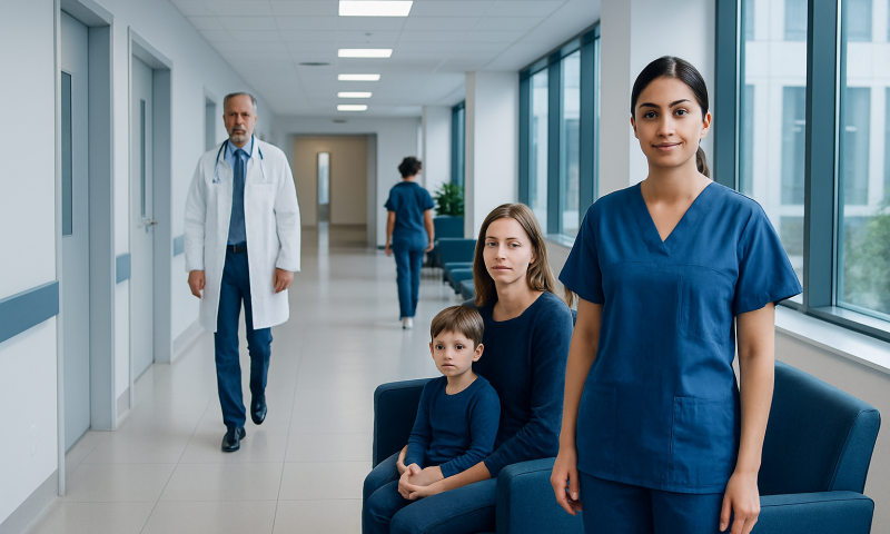 Healthcare professionals and a patient family in a hospital corridor.