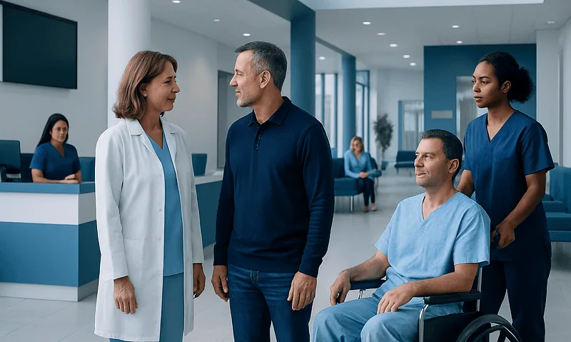 Medical team consulting with patient in hospital lobby.