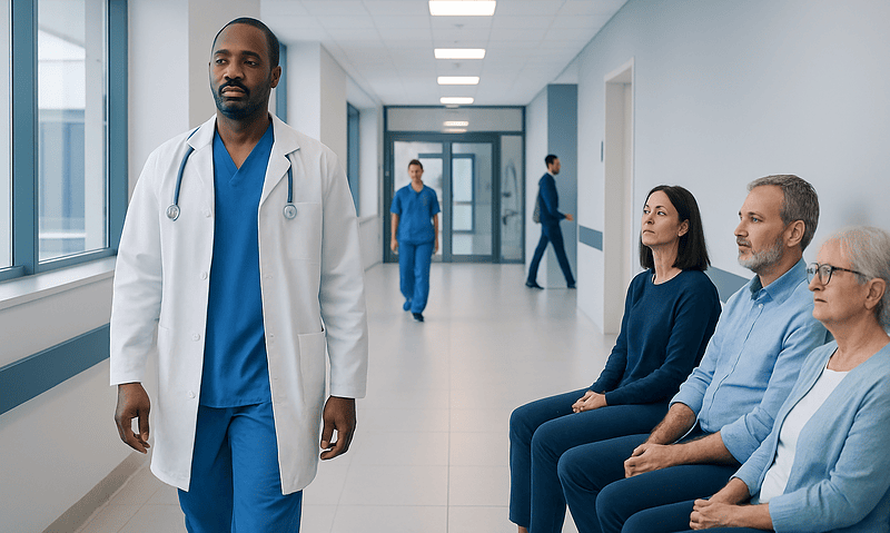 Doctor preparing to assist patients in hospital corridor at Acibadem Hospitals.