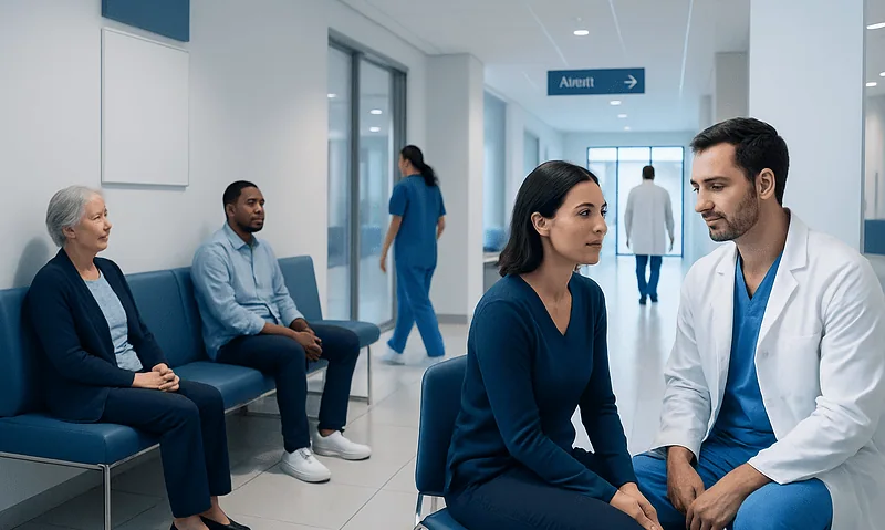 Patients waiting and consulting with doctors in a hospital corridor.