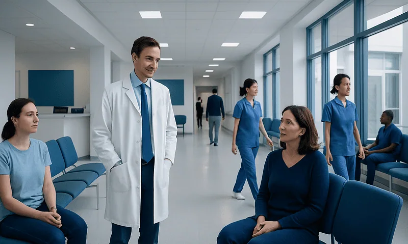 Doctor consulting with patients in a hospital corridor.