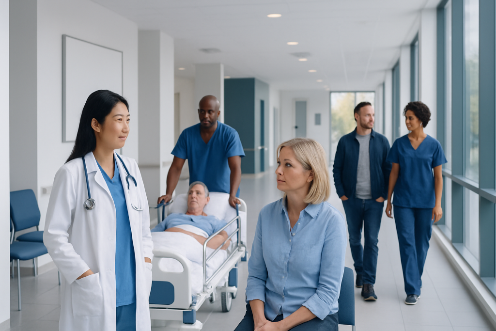 Pylori Therapy: How It Works, Results and What to Expect 1 Hospital staff and patient in a modern healthcare facility corridor.