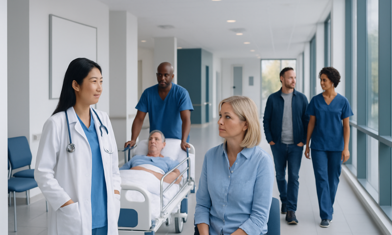 Hospital staff and patient in a modern healthcare facility corridor.