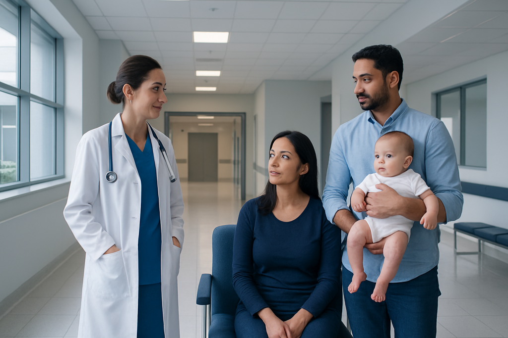Pyloric Stenosis Surgery: Procedure, Recovery and Results 1 Doctor talking to a mother and father with a baby in a hospital corridor.