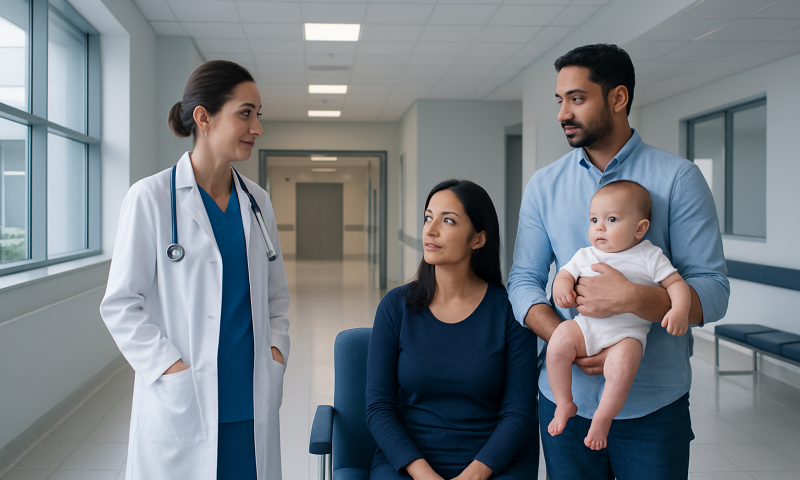 Doctor talking to a mother and father with a baby in a hospital corridor.
