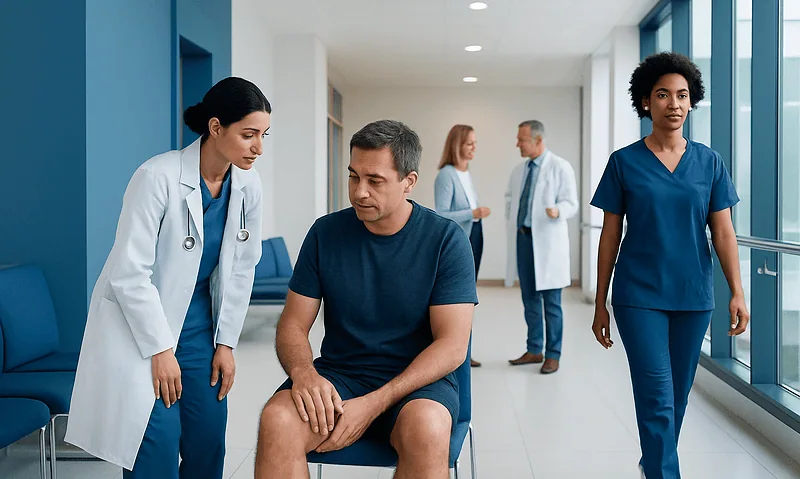 Quad Tendon Pain Treatment: How It Works, Results and What to Expect 5 Patient consulting with healthcare professionals in a hospital corridor.