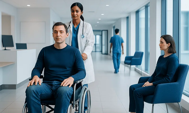 Hospital staff assisting a patient in a wheelchair in a modern medical facility.