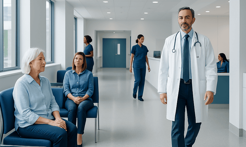 Doctor with patients in a modern hospital corridor.