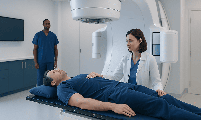 Patient undergoing radiation therapy in a modern medical facility.